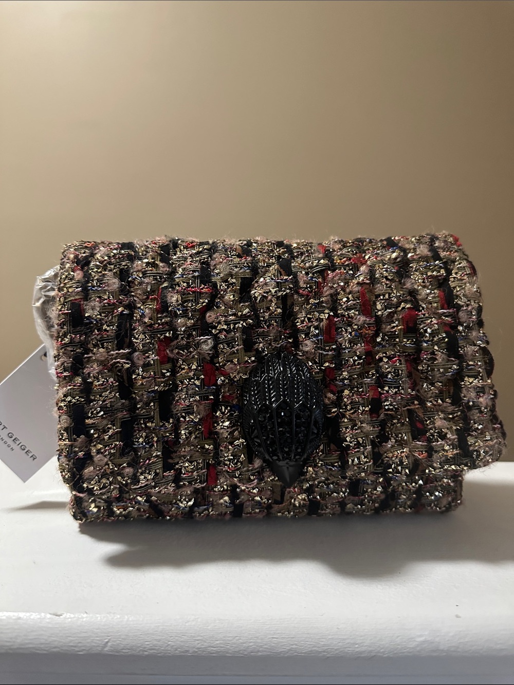 Kurt Geiger Tweed Clutch in Beige, Black & Red